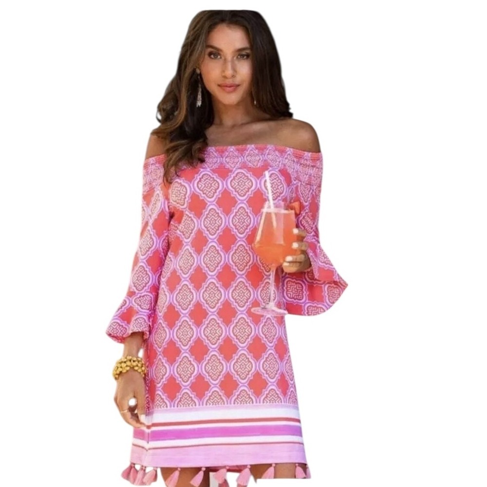 Cabana Life Coral Geo Coverlux Smocked Off Shoulder Tassel Dress XL UPF